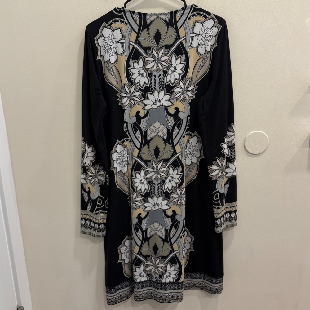 Hale Bob Black Gold Floral Medallion Beaded Tunic Stretch Jersey Shift Dress L - Picture 2 of 13